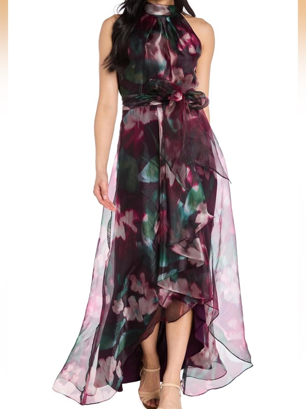 R&M Richards Plum Floral Halter Tie High-Low Organza Feel Maxi Dress